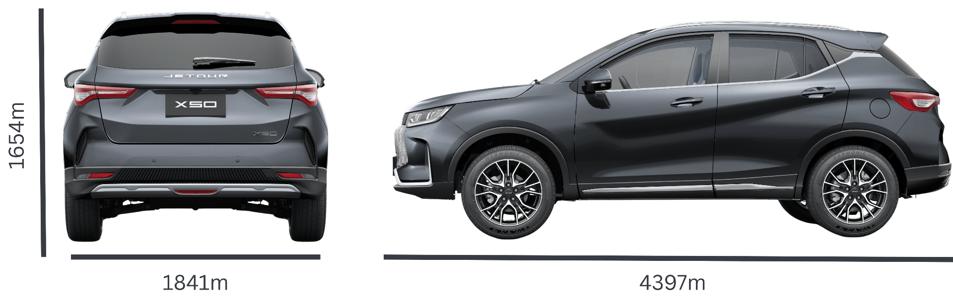 Dimensiones Jetour X50 - Ancho: 1,841mm, Largo: 4,397mm, Alto: 1,654mm